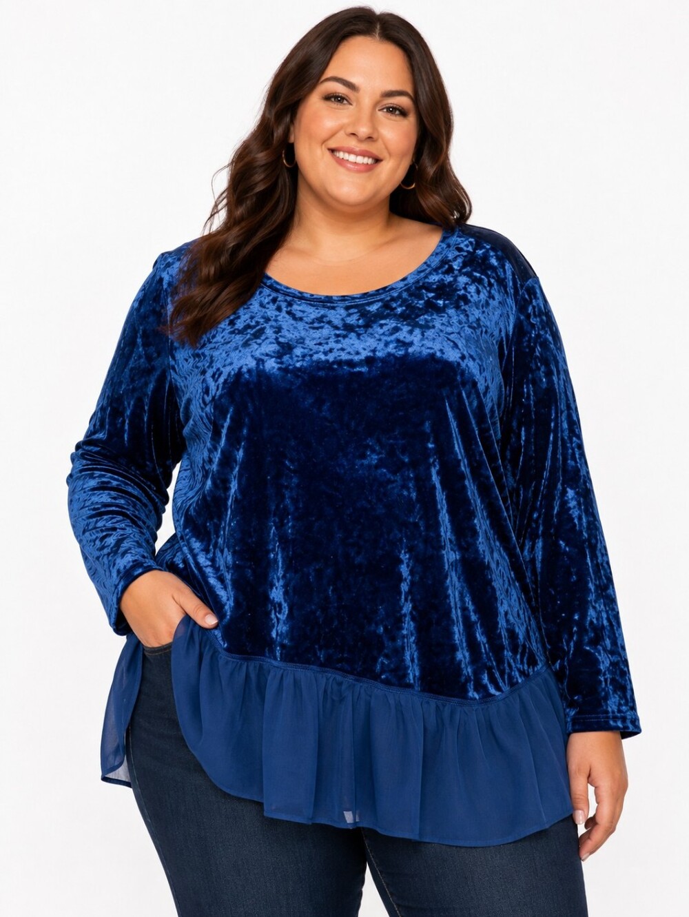 Logo Lori Goldstein Plus Size Blue Velvet Ruffle Bottom Blouse Size 3X